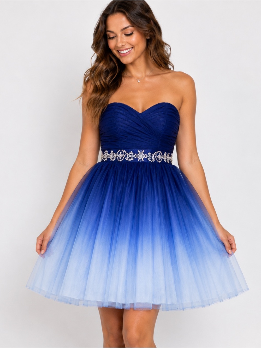 B.Smart Strapless Ruched Bodice Navy Blue Ombré Tulle Jeweled Waist Dress